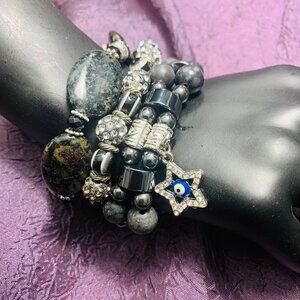 Evil Eye Star Charm, Gray Jade, Hematite, Black Agate & Pewter Bead Bracelet Set
